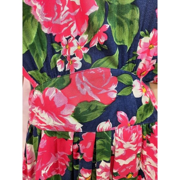 Vintage 80s Floral Rose Dress Size M With Pockets Caroline Wells Pink Blue Midi - Picture 5 of 12
